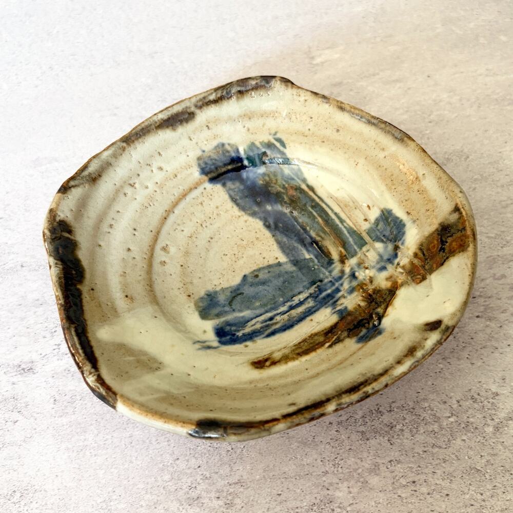 Studio Pottery Bowl Signed Stoneware Blue Brushstroke Footed Dish MCM 6in